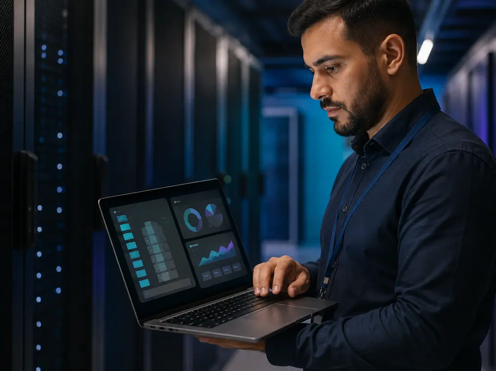 Profissional analisando a configuração de um servidor Cloud em um data center
