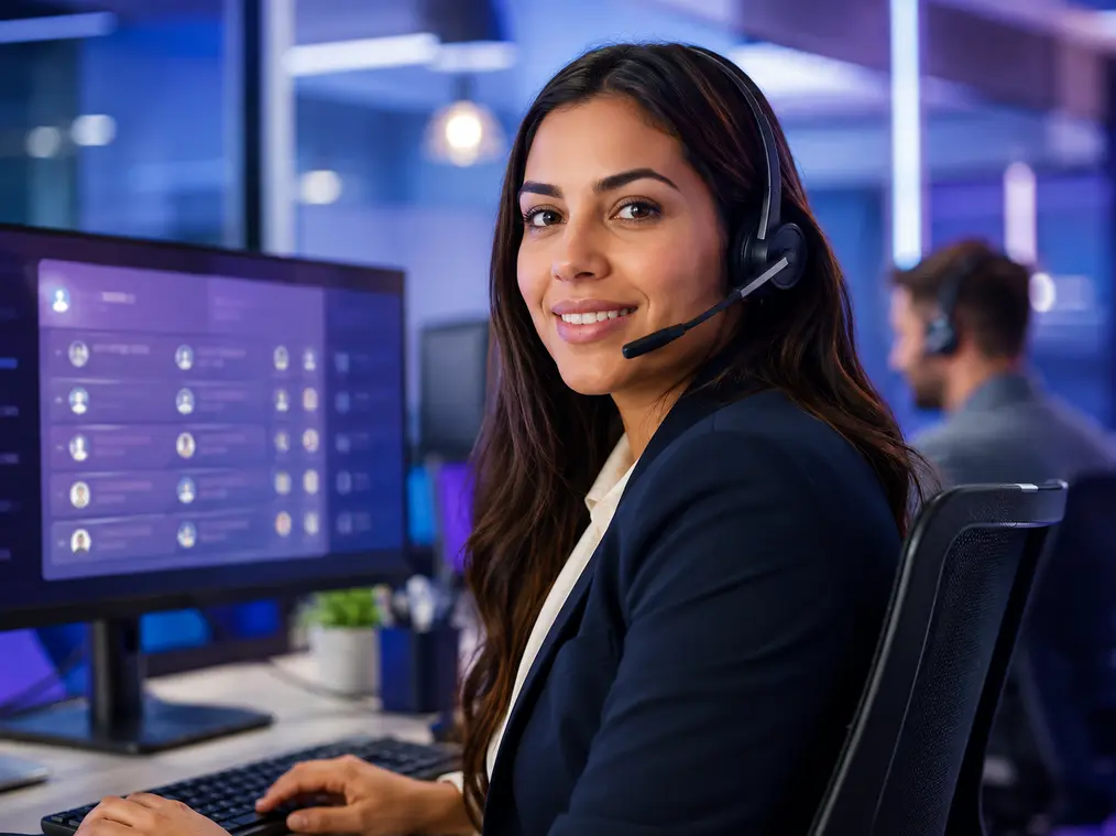 Profissional utilizando VoIP empresarial em uma central de atendimento