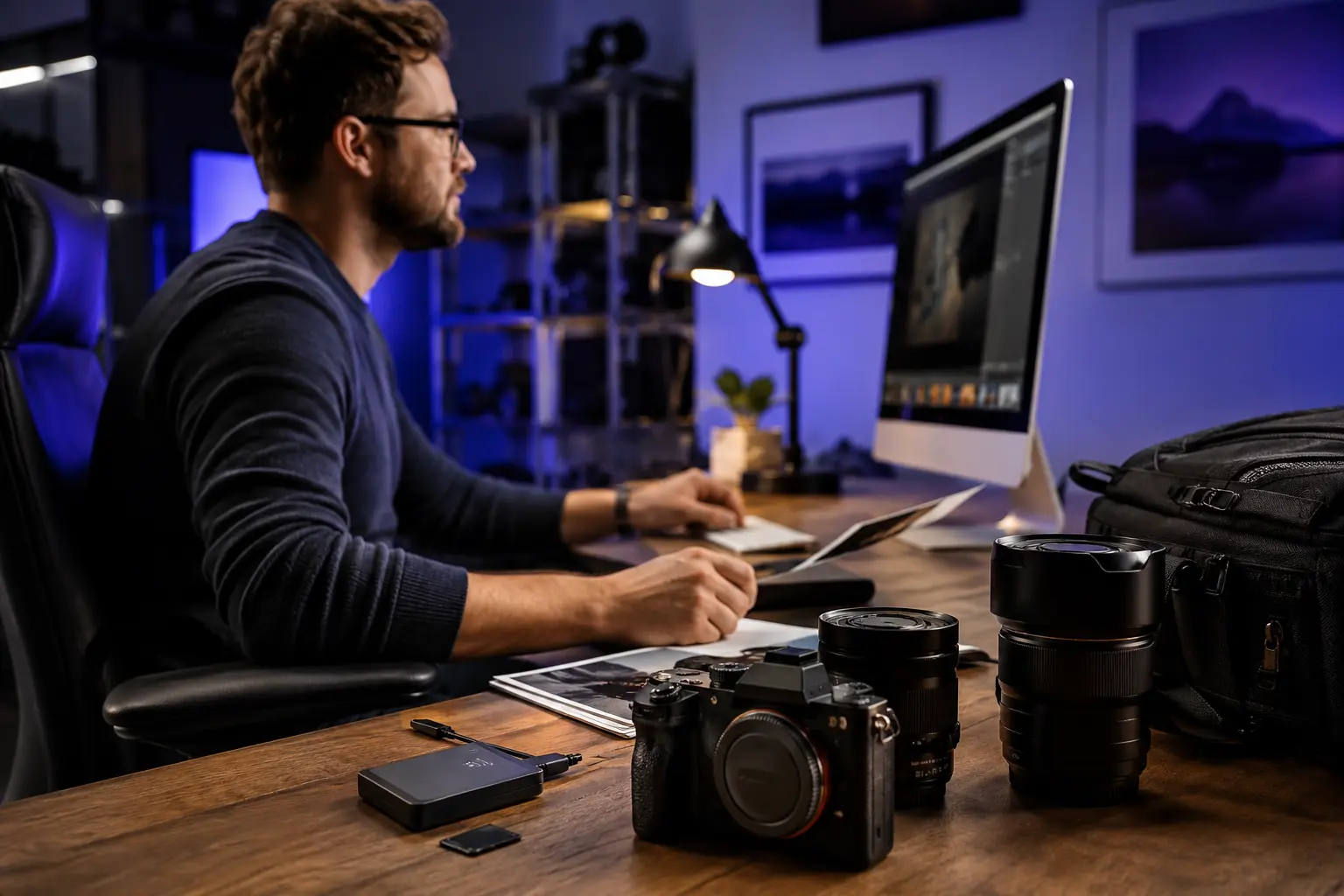 Fotógrafo profissional organizando trabalhos e galerias