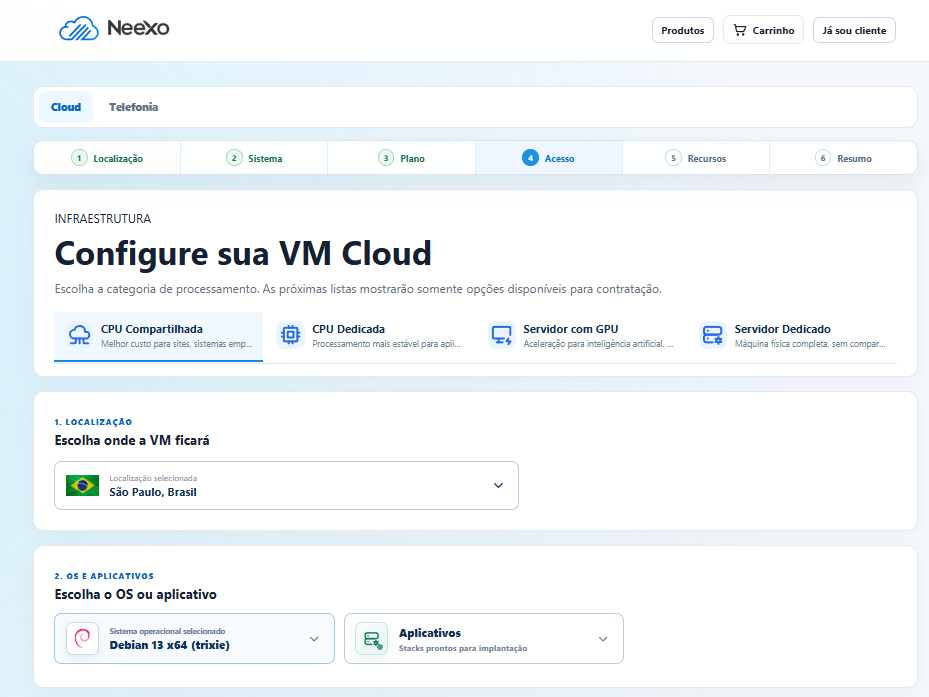 Configurador de servidor Cloud do Neexo Core