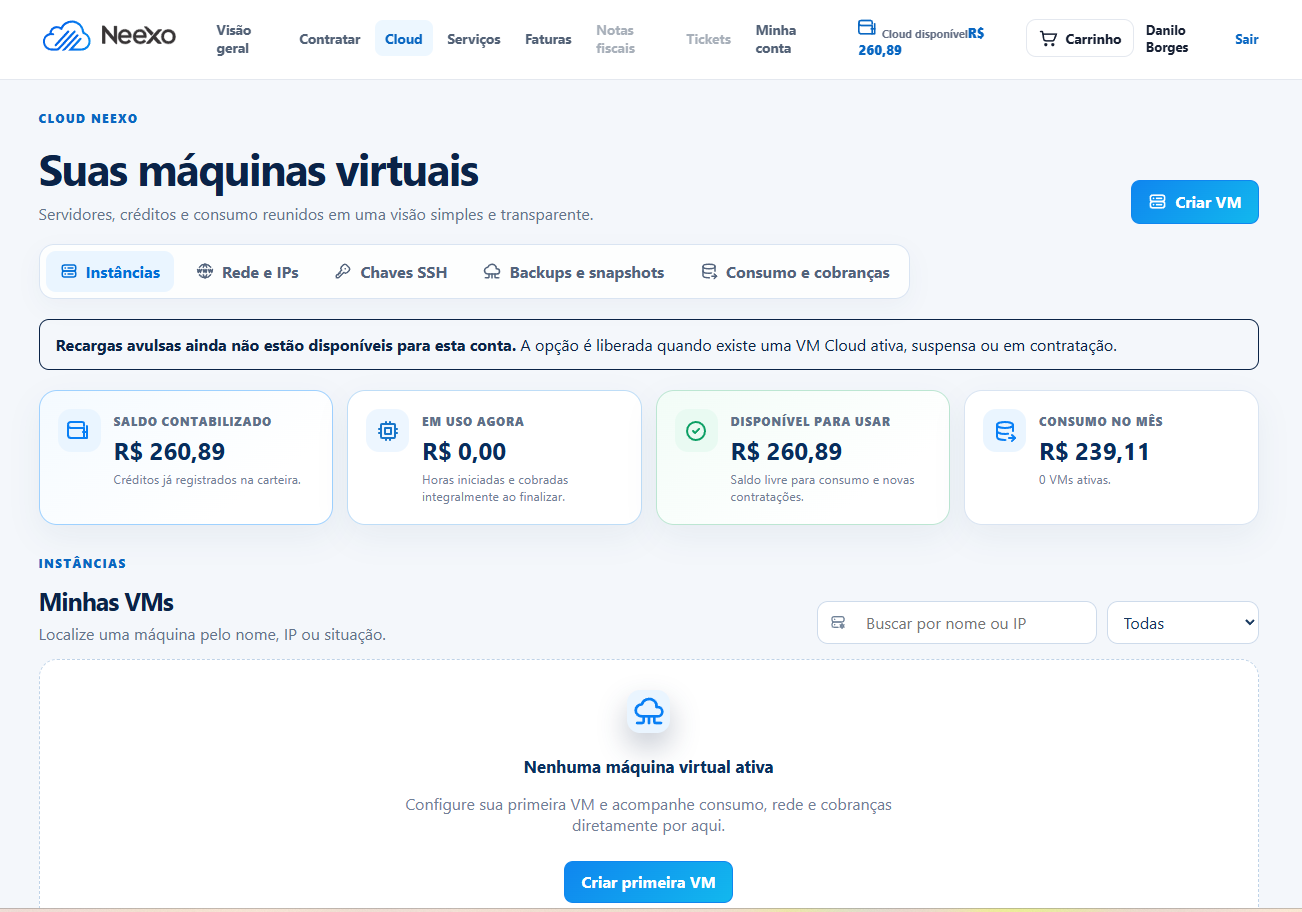 Painel de gerenciamento de máquinas virtuais do Neexo Core