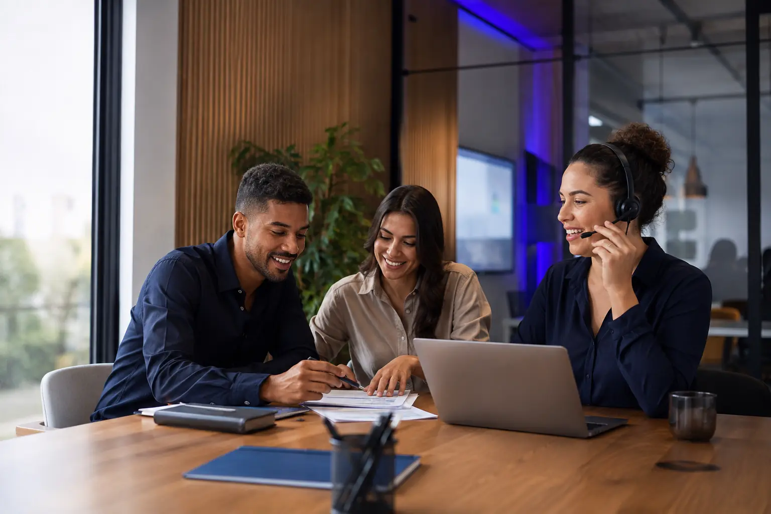 Equipe empresarial colaborando enquanto uma profissional atende por voz